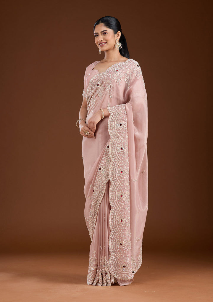 Light Peach Cording Tissue Saree