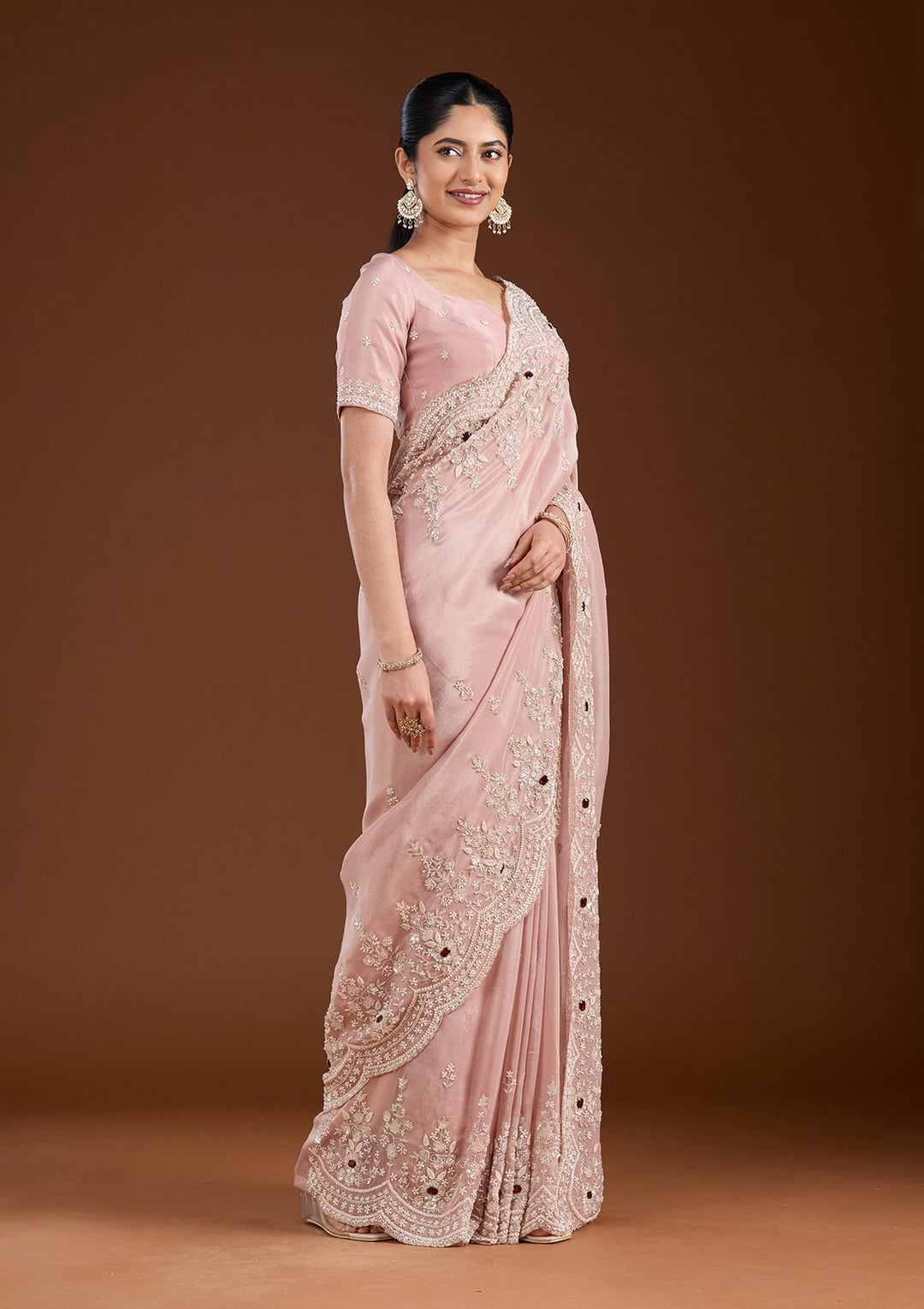 Light Peach Cording Tissue Saree