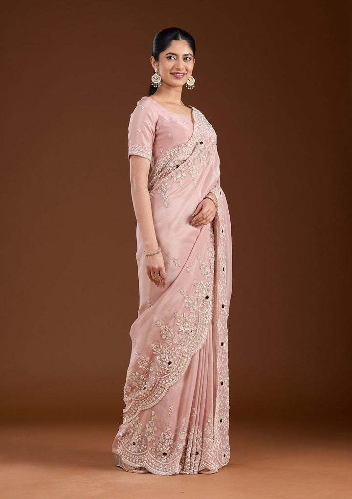 Light Peach Cording Tissue Saree