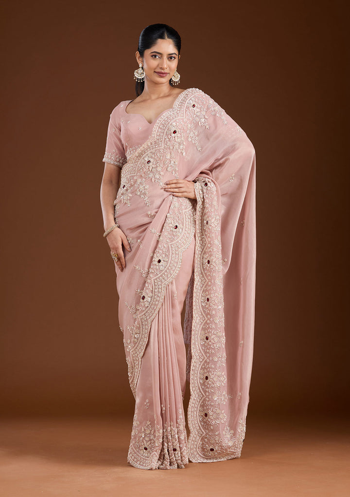 Light Peach Cording Tissue Saree