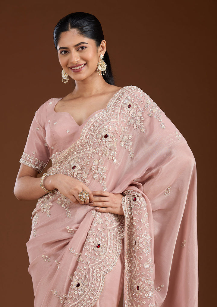 Light Peach Cording Tissue Saree