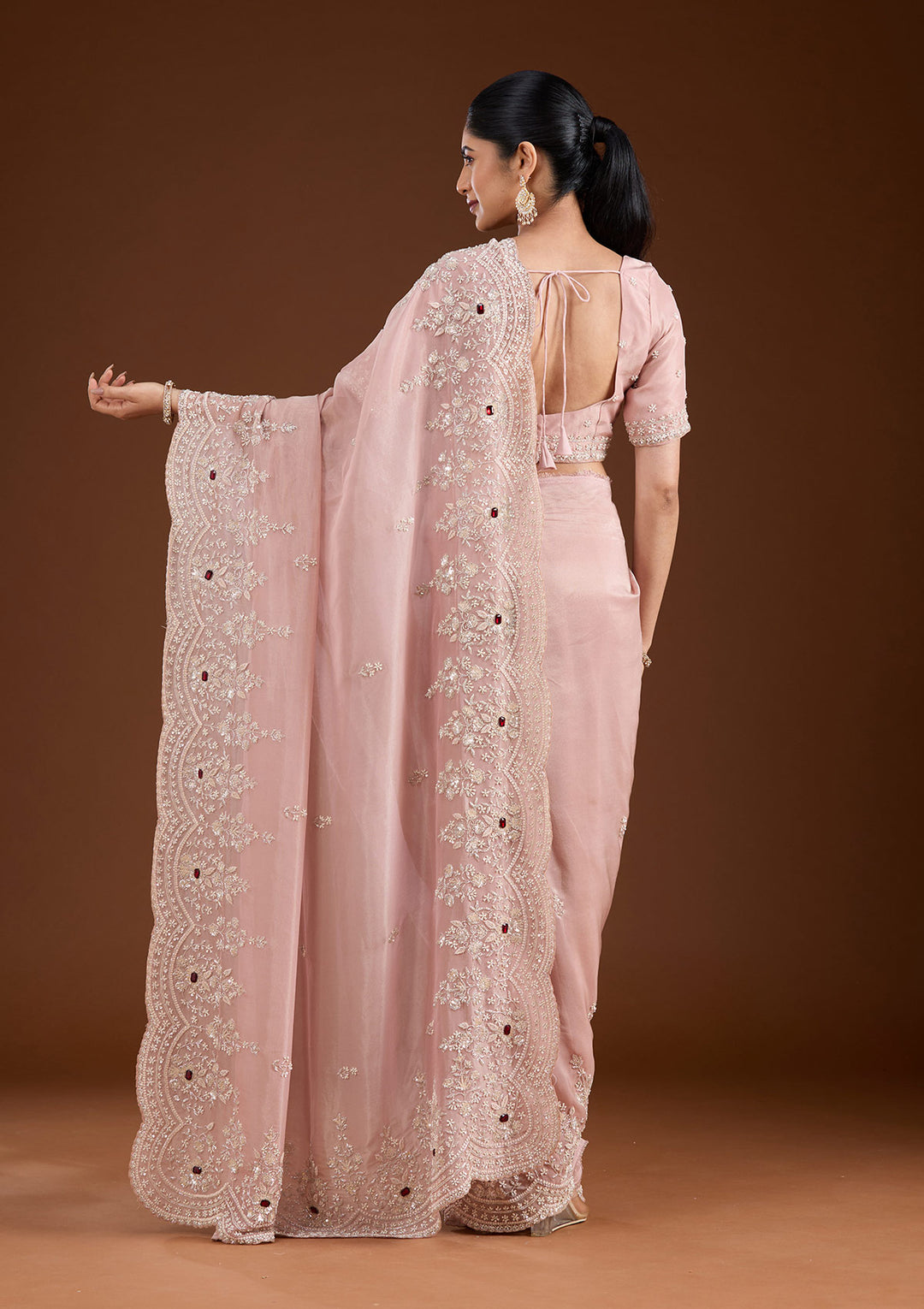 Light Peach Cording Tissue Saree