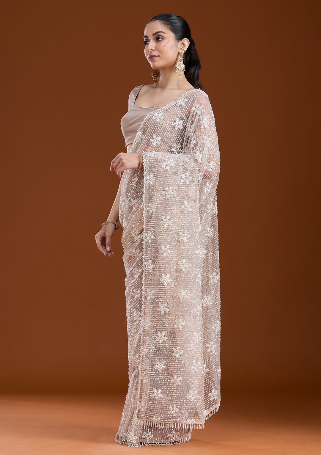 Beige Sequins Net Saree