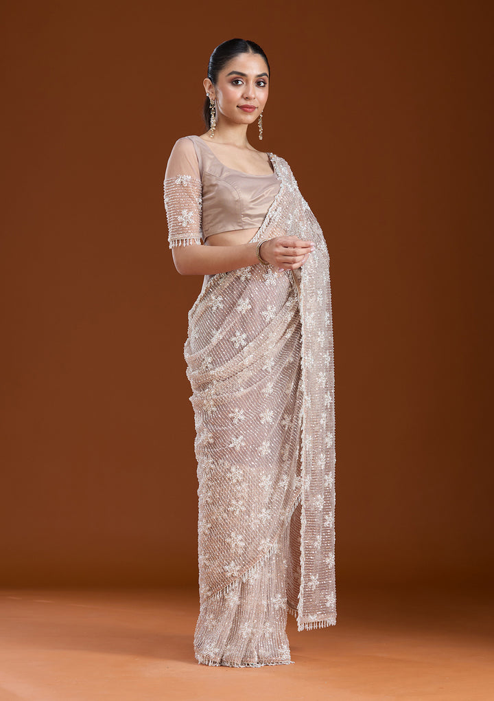 Beige Sequins Net Saree