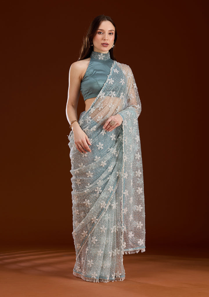 Sky Blue Sequins Net Saree