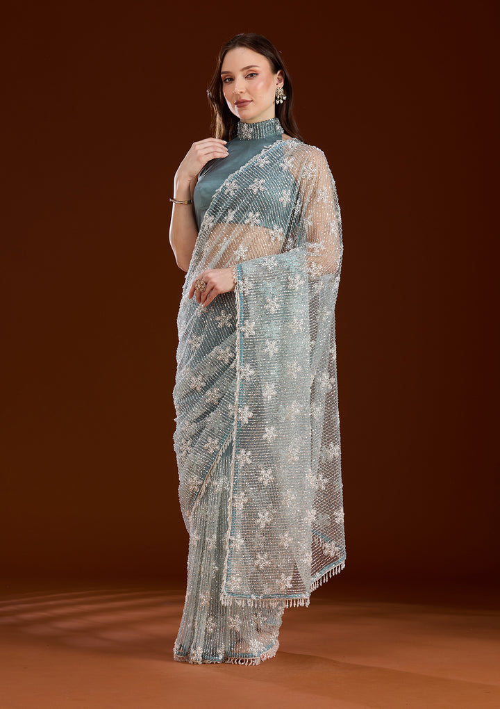 Sky Blue Sequins Net Saree