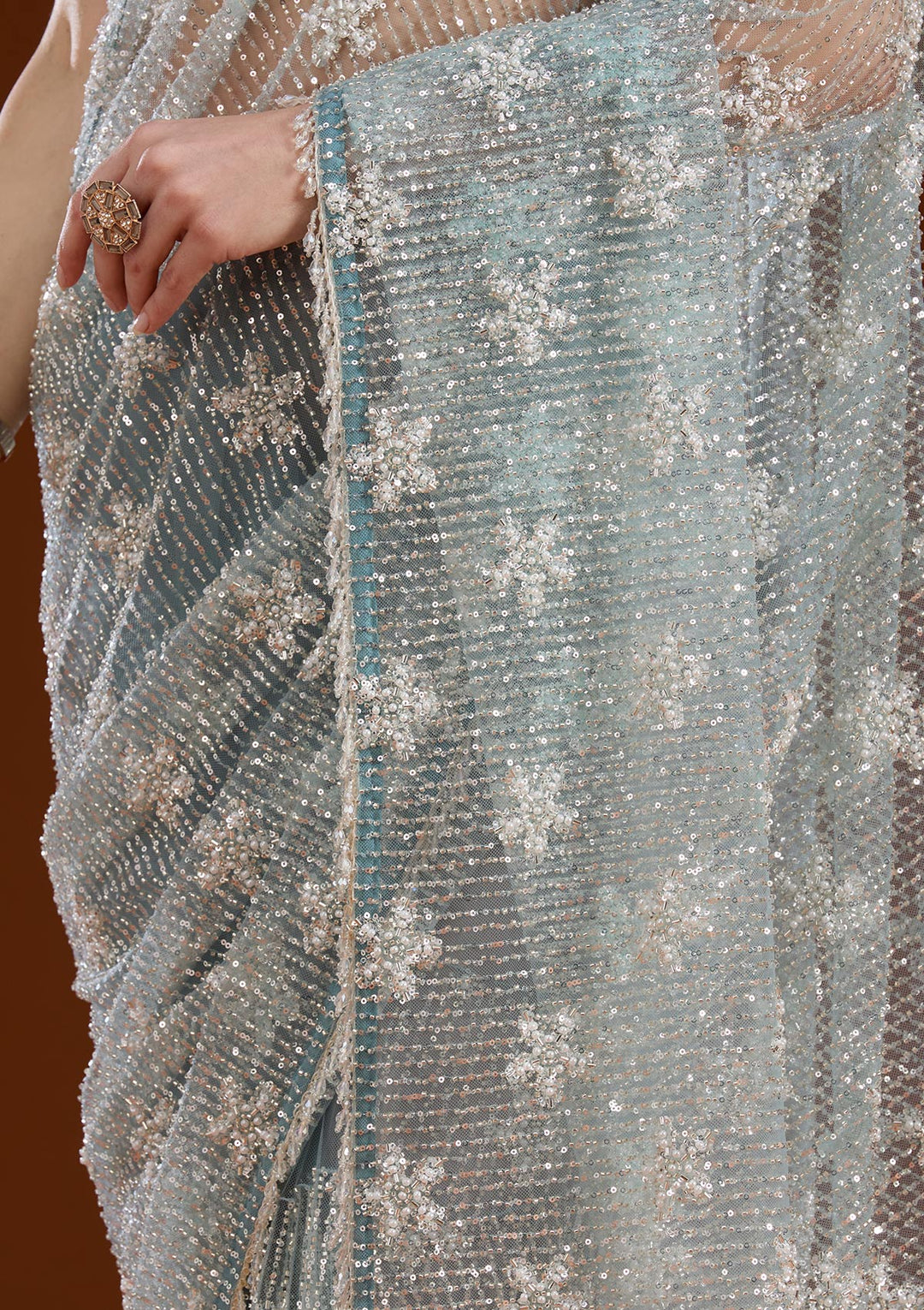 Sky Blue Sequins Net Saree