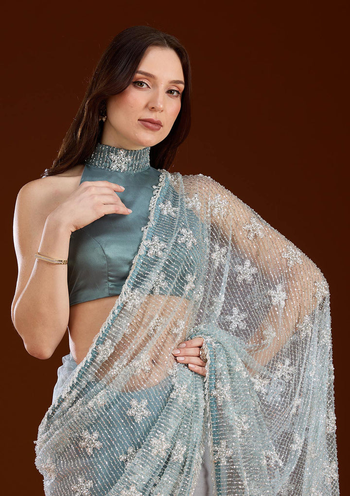 Sky Blue Sequins Net Saree
