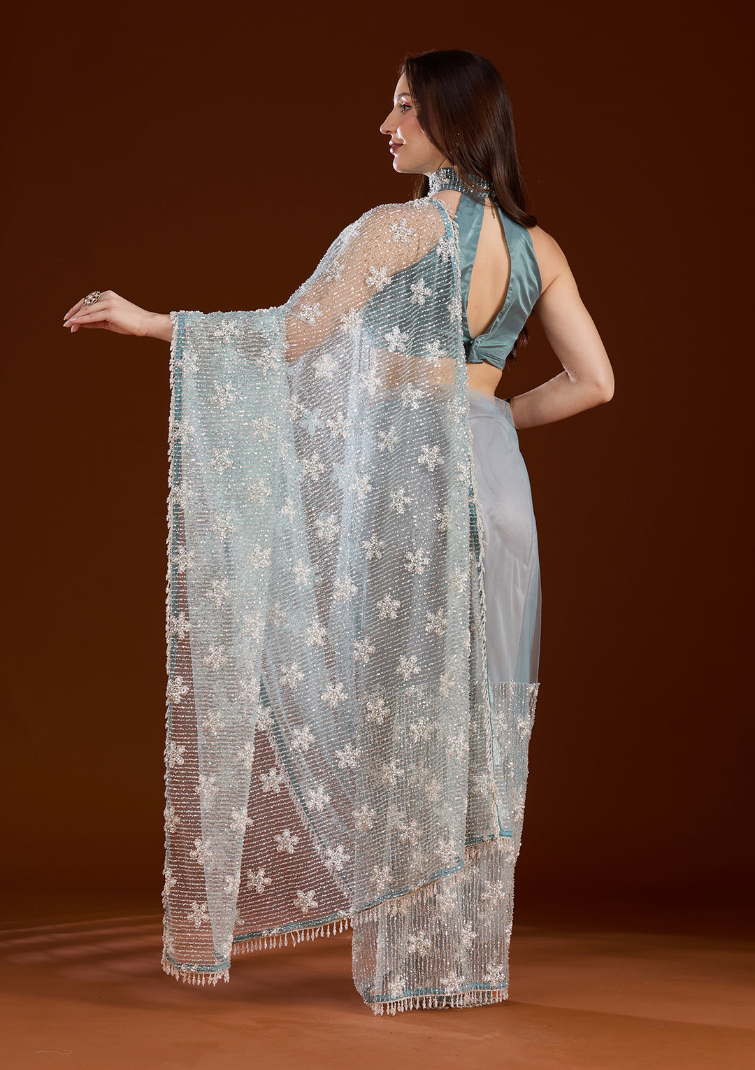 Sky Blue Sequins Net Saree