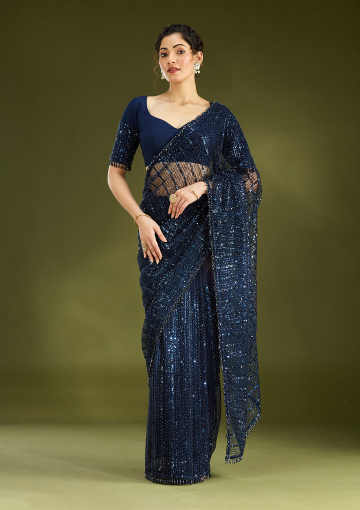 Navy Blue Sequins Net Saree