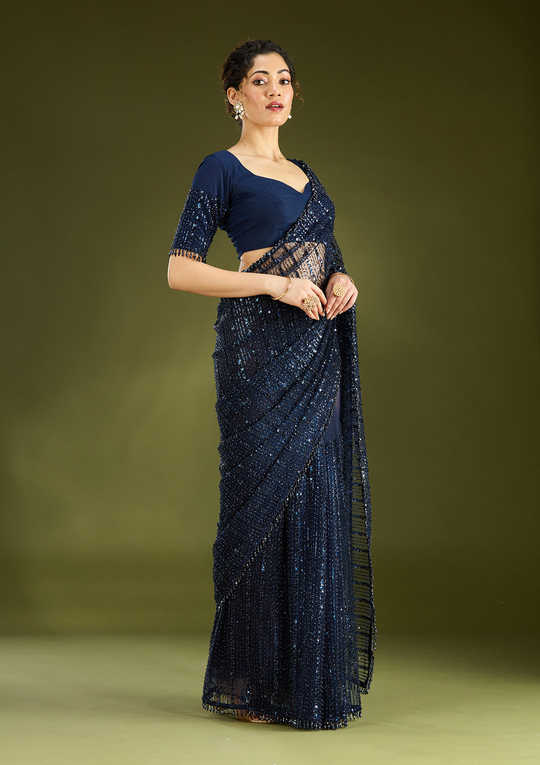 Navy Blue Sequins Net Saree