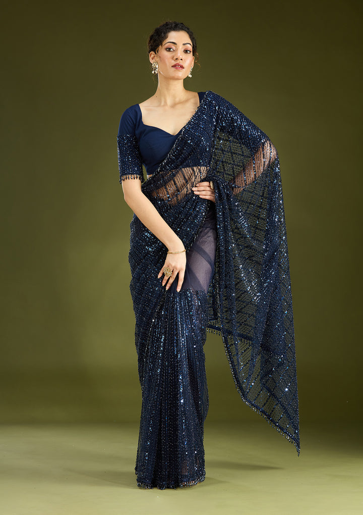 Navy Blue Sequins Net Saree