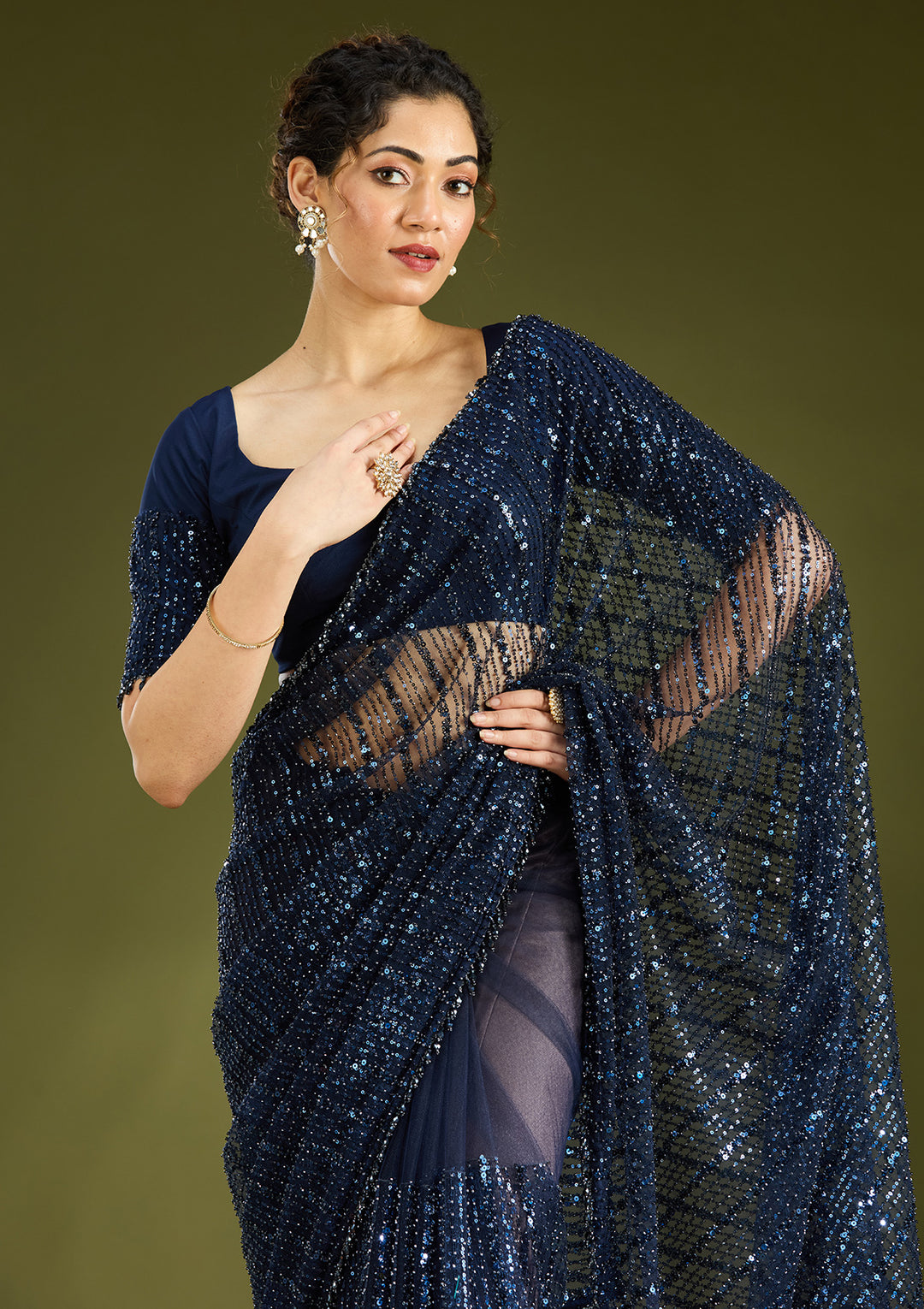 Navy Blue Sequins Net Saree