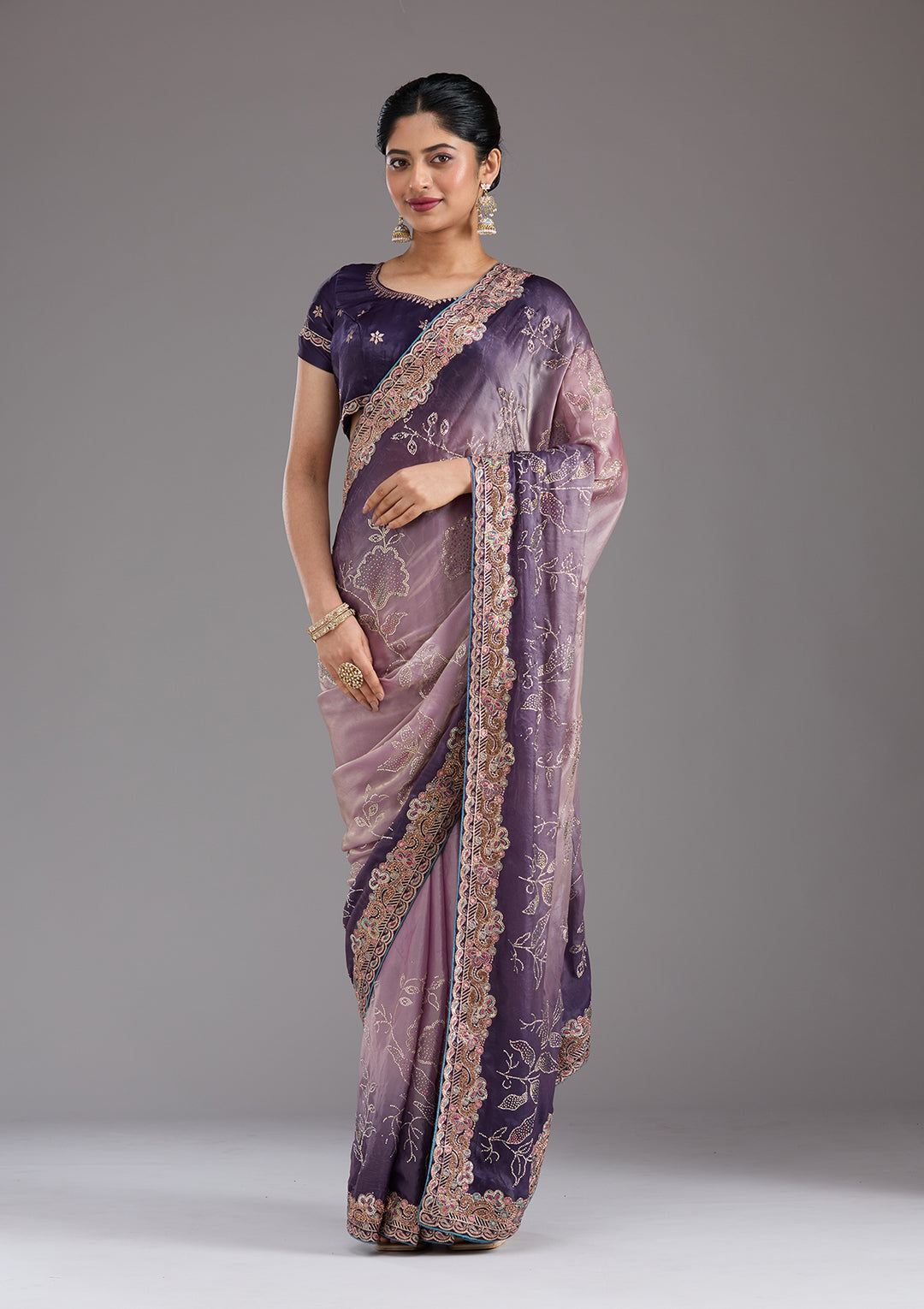 Purple Stonework (Gold) Tissue Saree