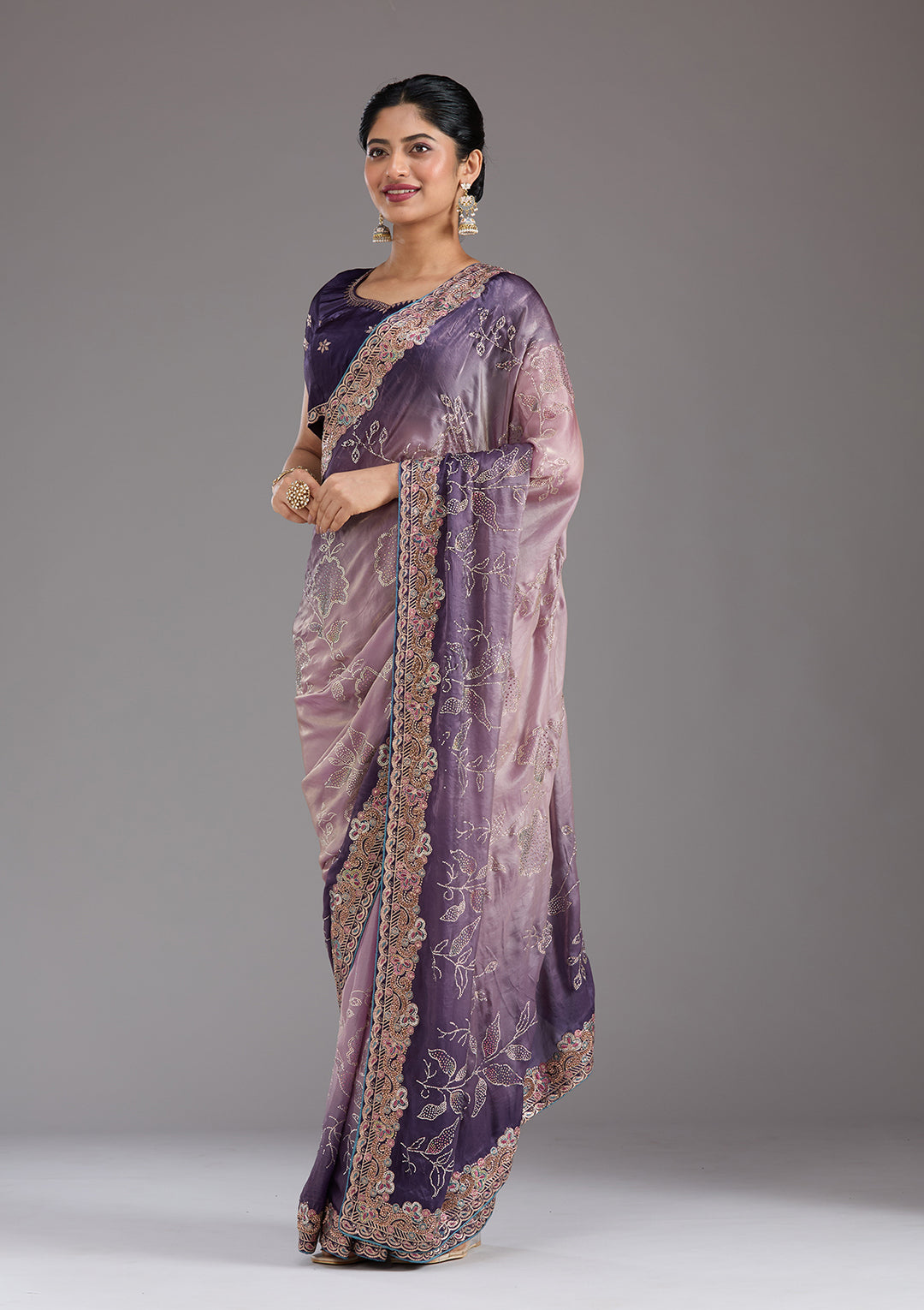 Purple Stonework (Gold) Tissue Saree