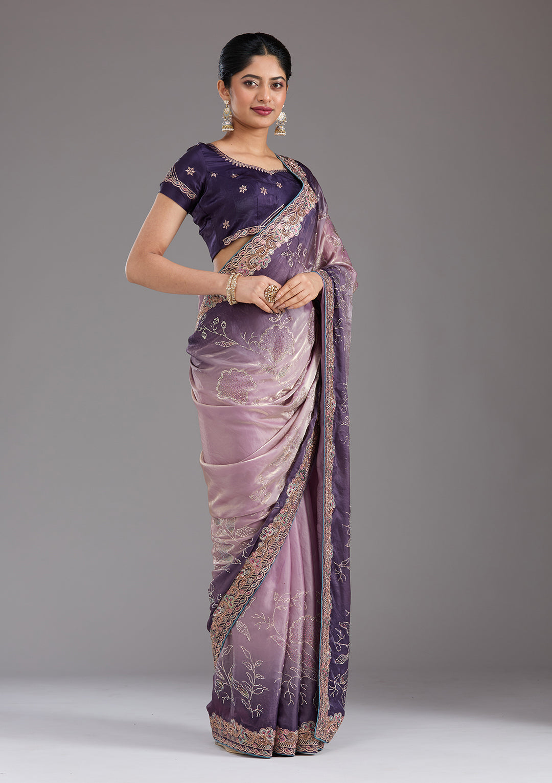 Purple Stonework (Gold) Tissue Saree