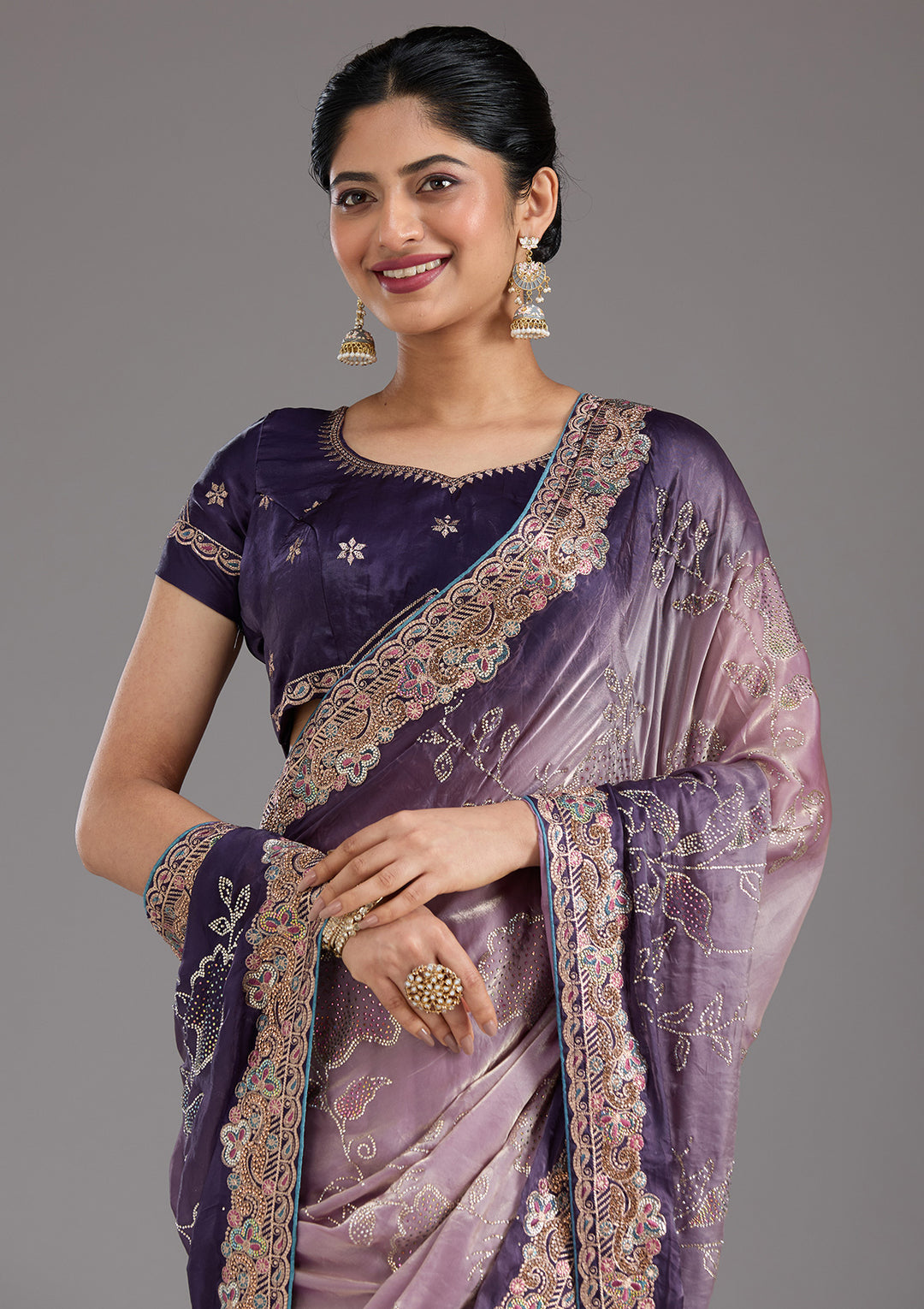Purple Stonework (Gold) Tissue Saree