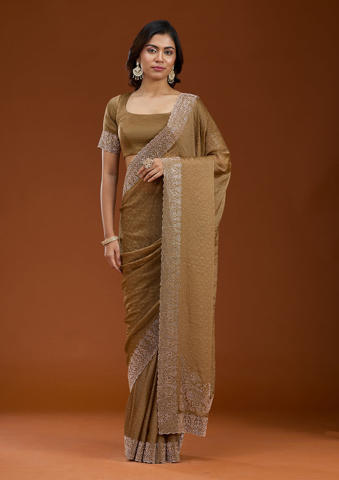 Brown Zariwork (Gold) Georgette Saree