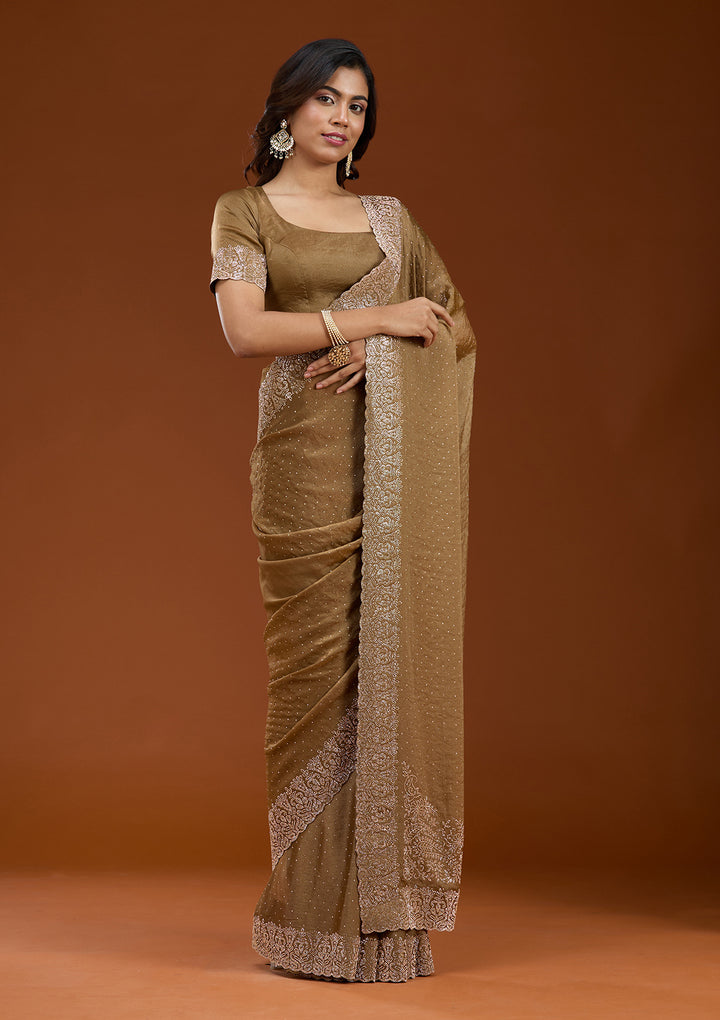 Brown Zariwork (Gold) Georgette Saree