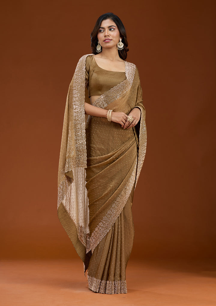 Brown Zariwork (Gold) Georgette Saree