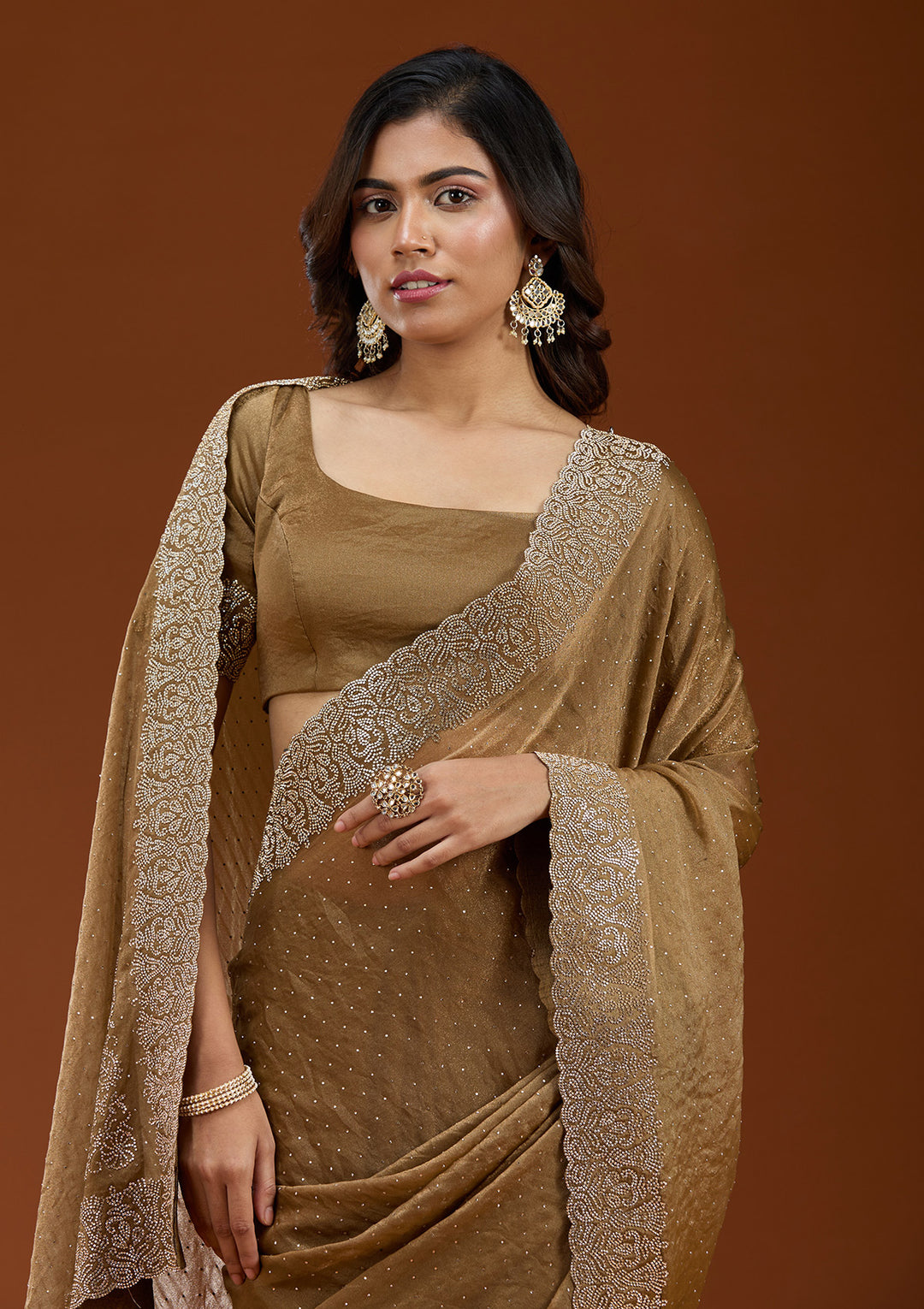 Brown Zariwork (Gold) Georgette Saree
