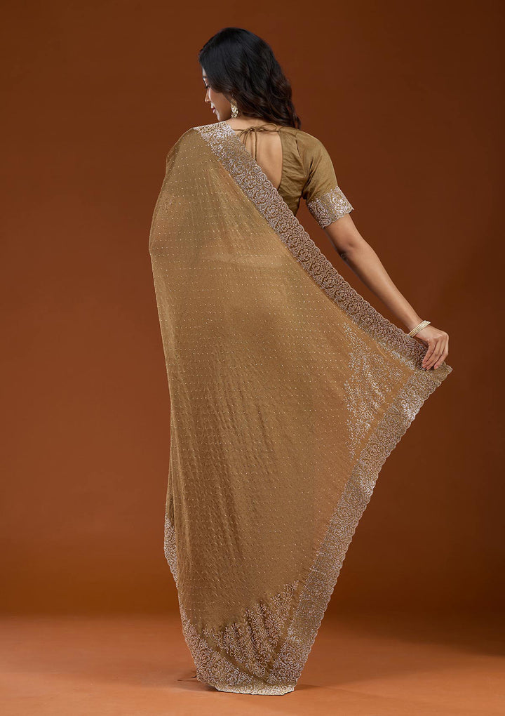 Brown Zariwork (Gold) Georgette Saree