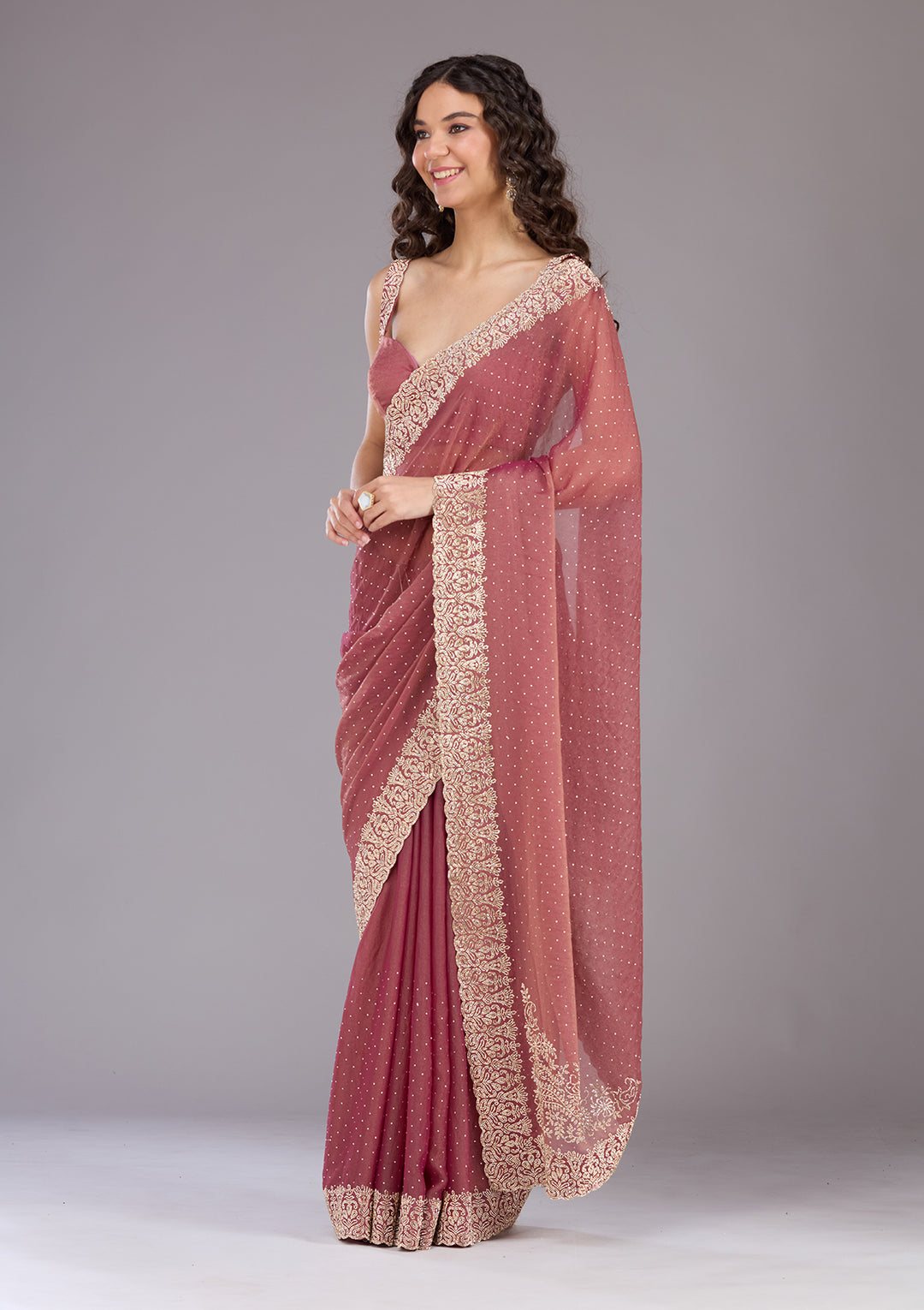 Onion Pink Zariwork (Gold) Georgette Saree