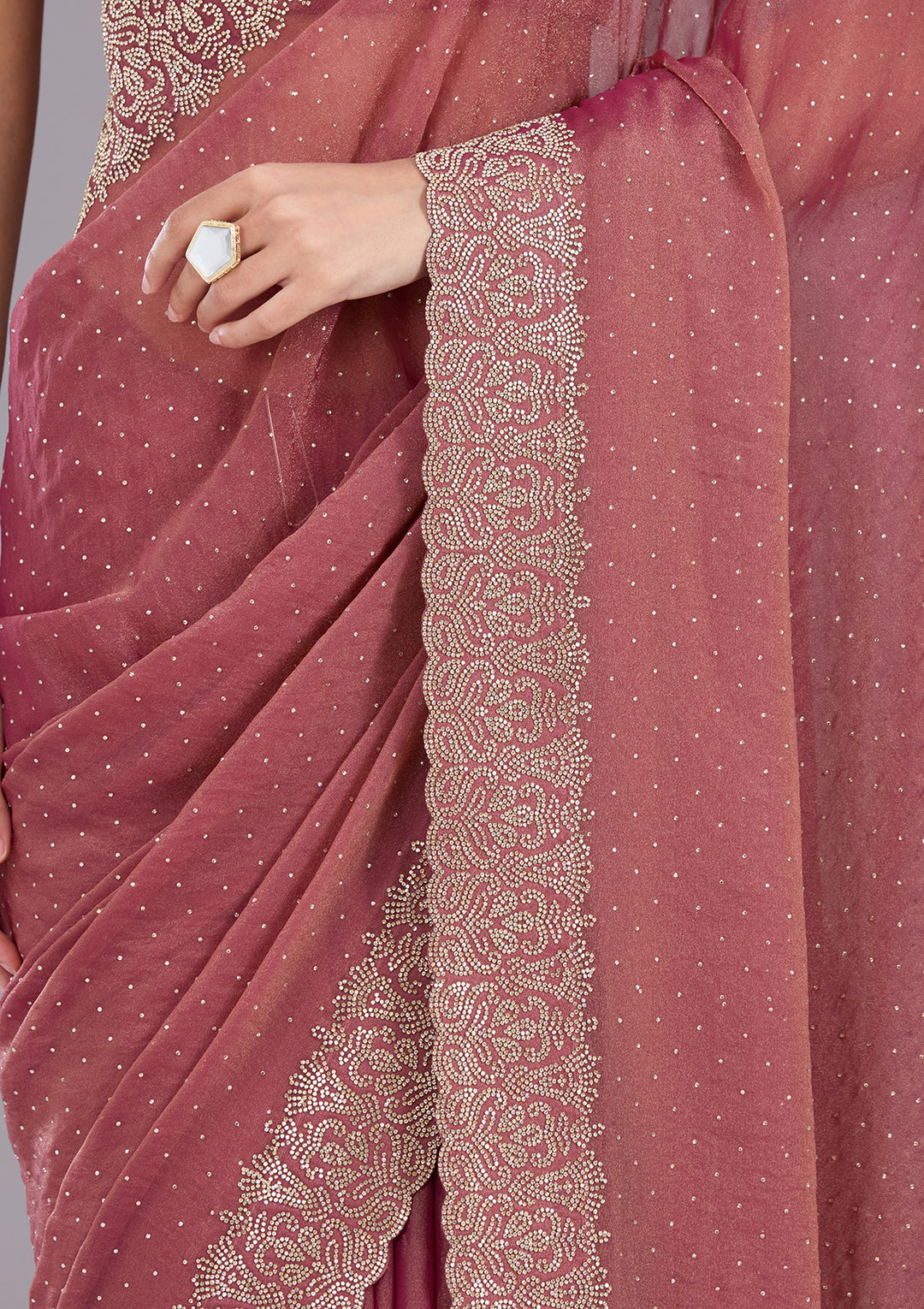 Onion Pink Zariwork (Gold) Georgette Saree