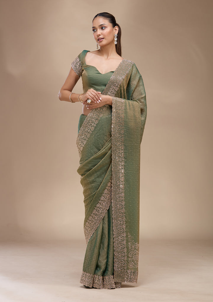 Sea Green Zariwork (Gold) Georgette Saree