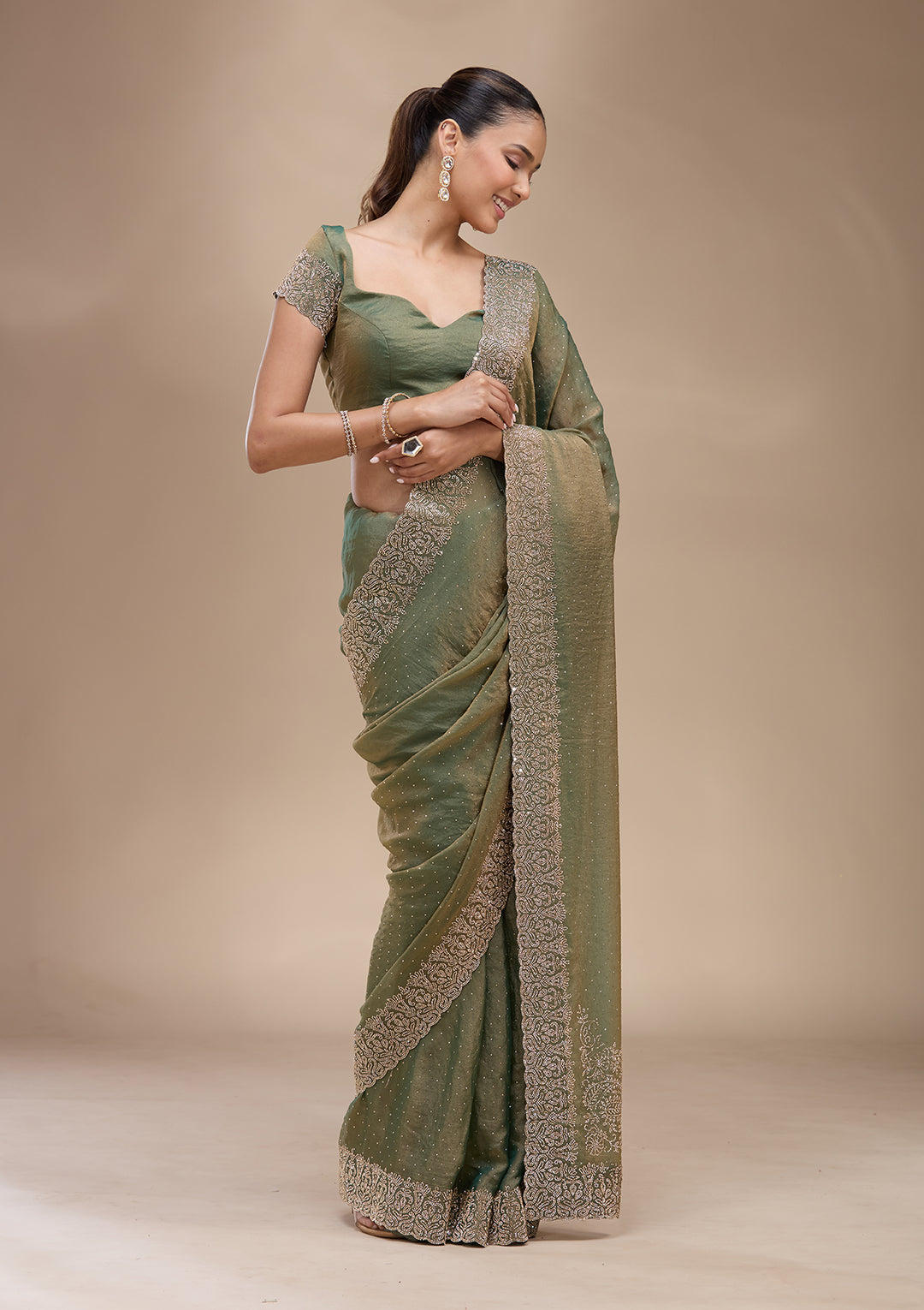 Sea Green Zariwork (Gold) Georgette Saree