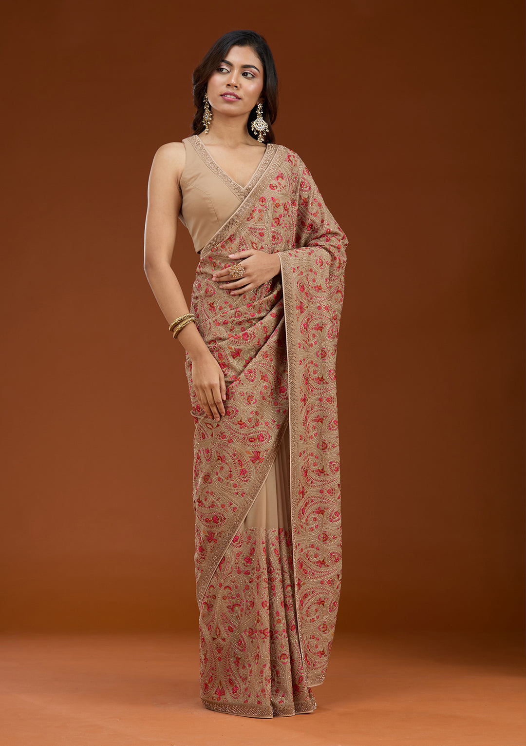 Beige Kashmiri Georgette Saree
