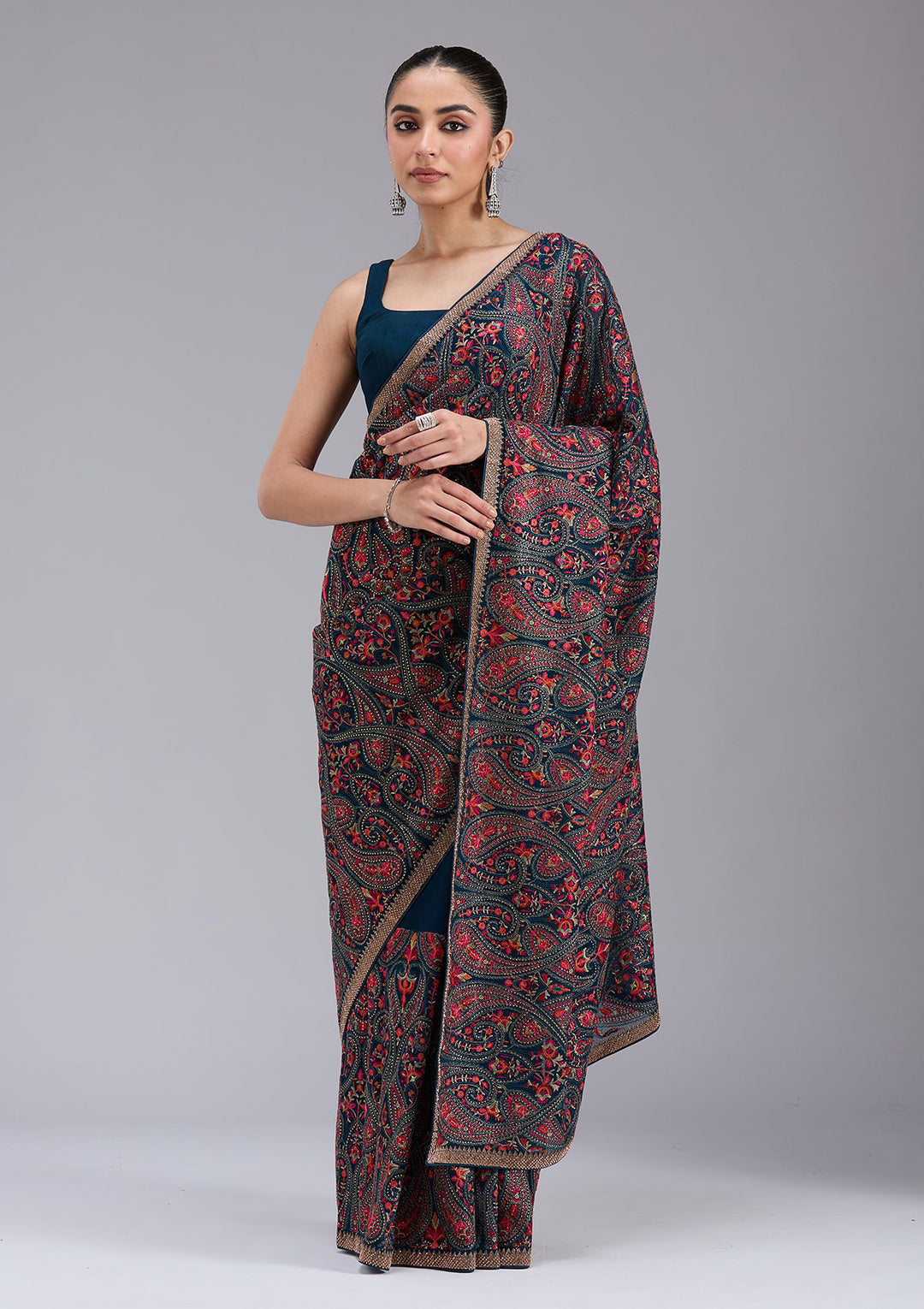 Peacock Blue Stonework (Gold) Georgette Saree
