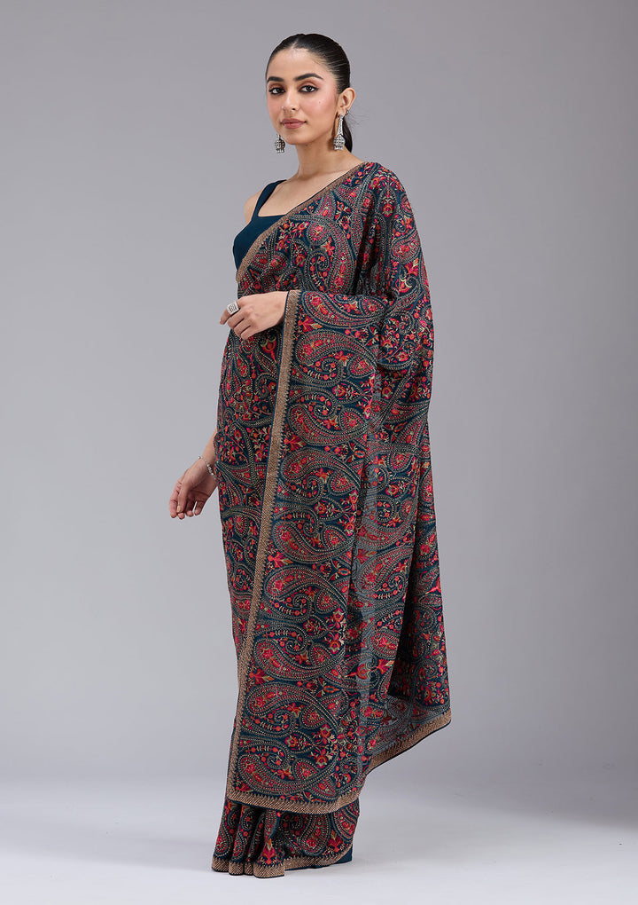 Peacock Blue Stonework (Gold) Georgette Saree