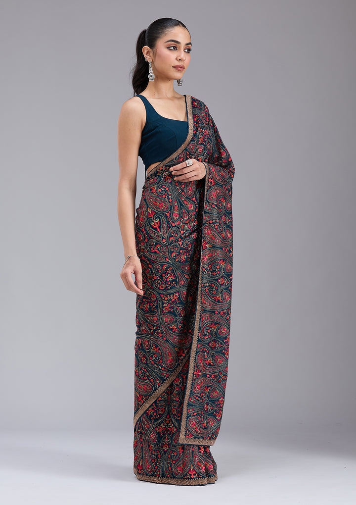 Peacock Blue Stonework (Gold) Georgette Saree