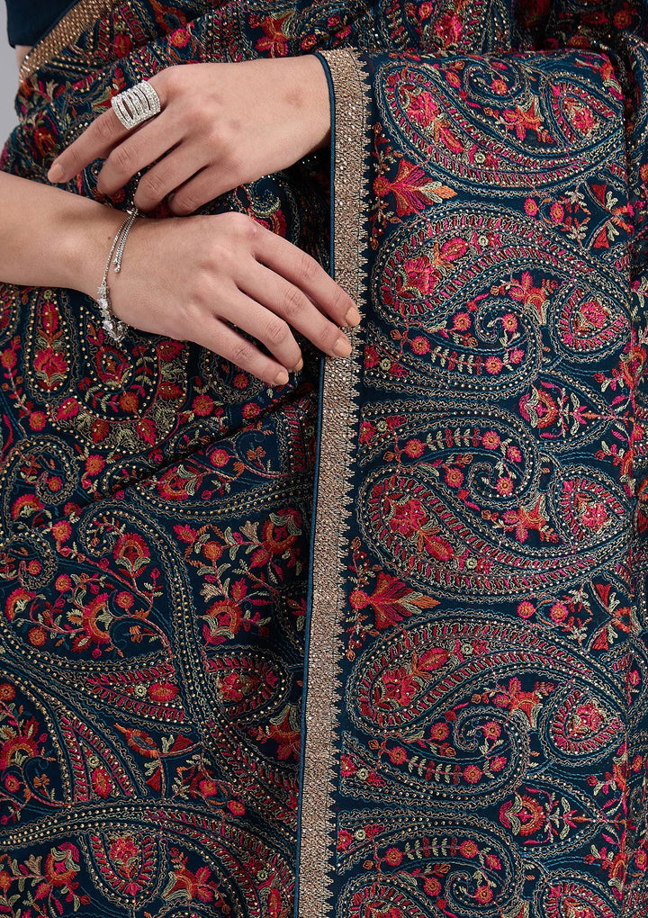Peacock Blue Stonework (Gold) Georgette Saree