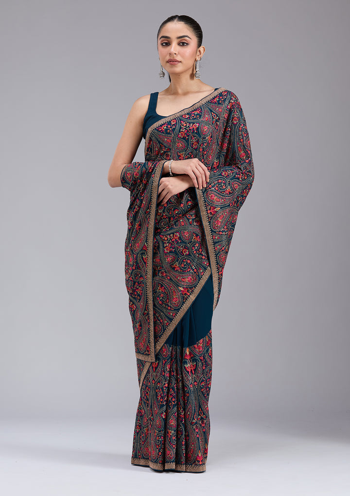 Peacock Blue Stonework (Gold) Georgette Saree