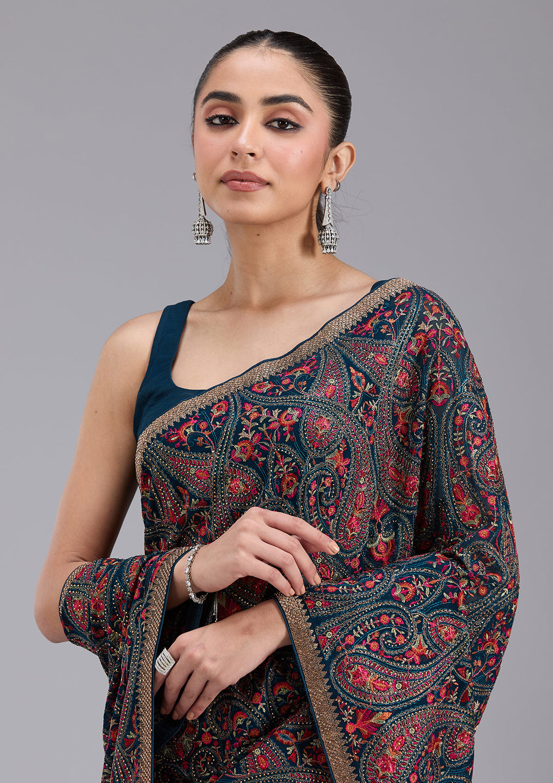 Peacock Blue Stonework (Gold) Georgette Saree
