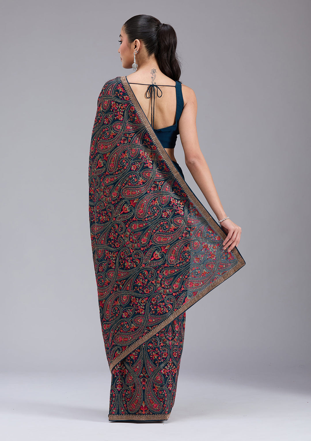 Peacock Blue Stonework (Gold) Georgette Saree