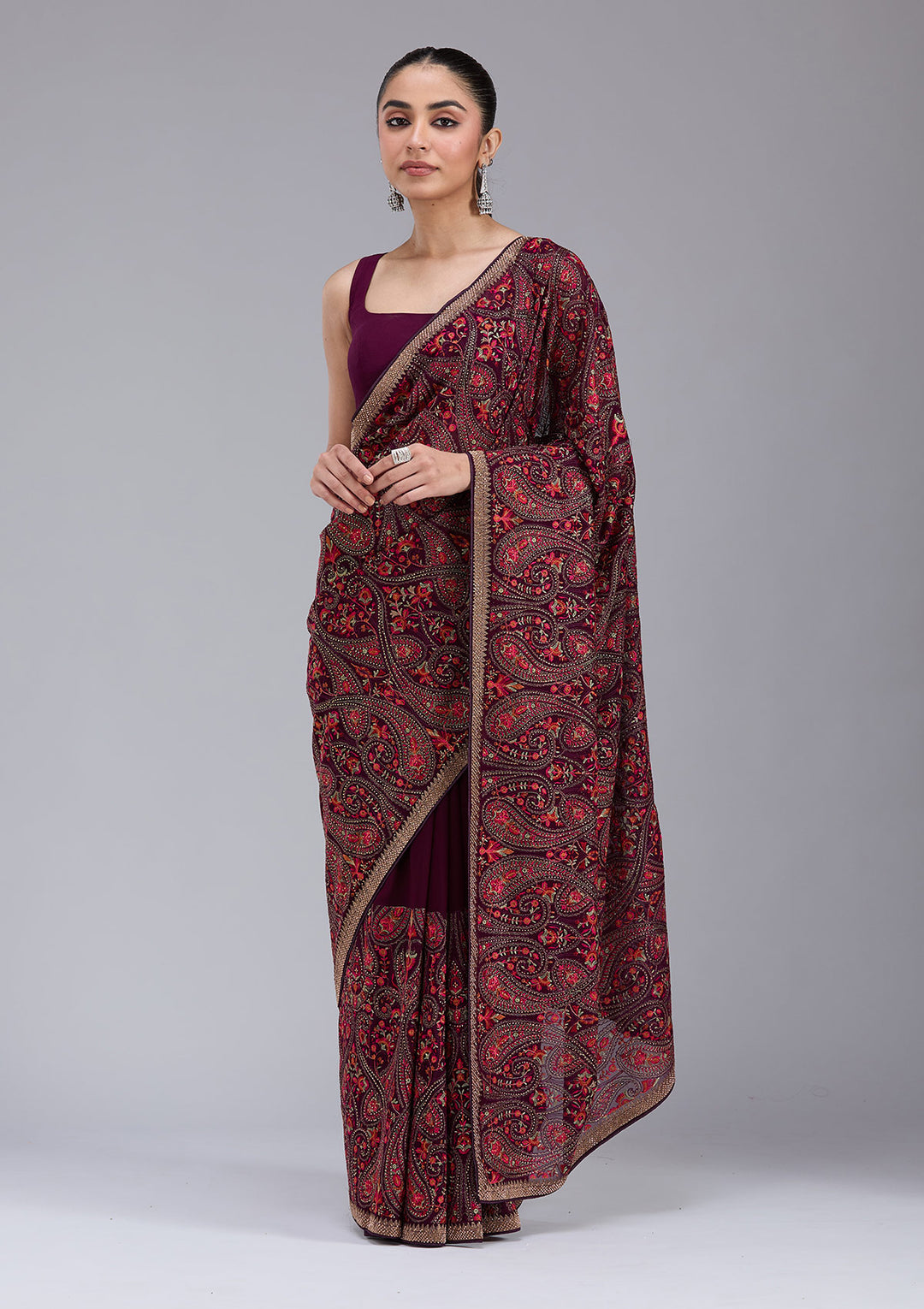 Wine Kashmiri Georgette Saree