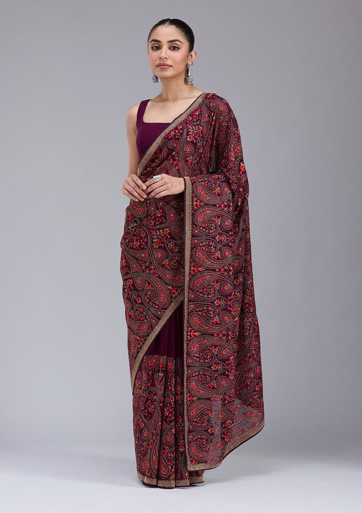 Wine Kashmiri Georgette Saree