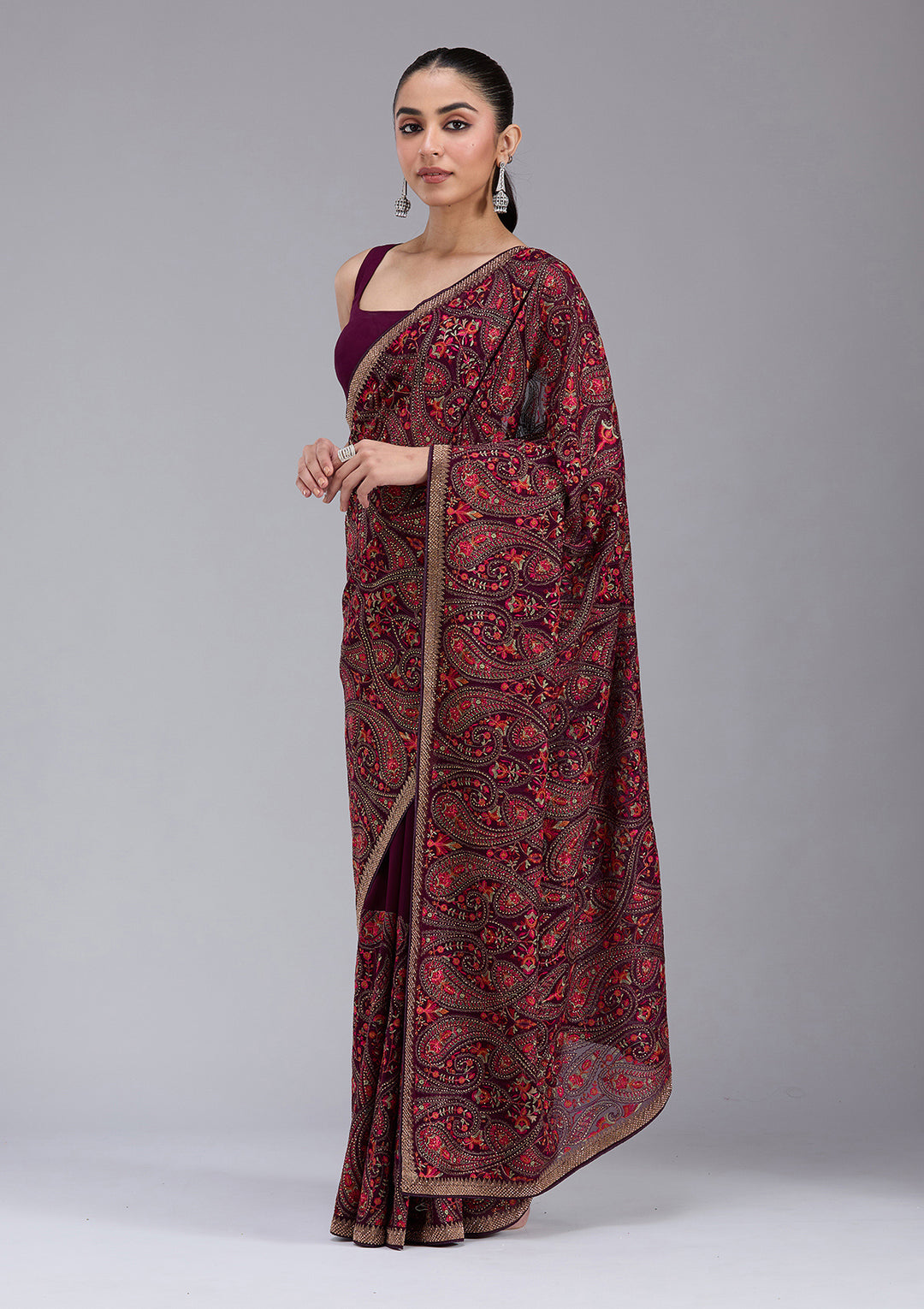 Wine Kashmiri Georgette Saree