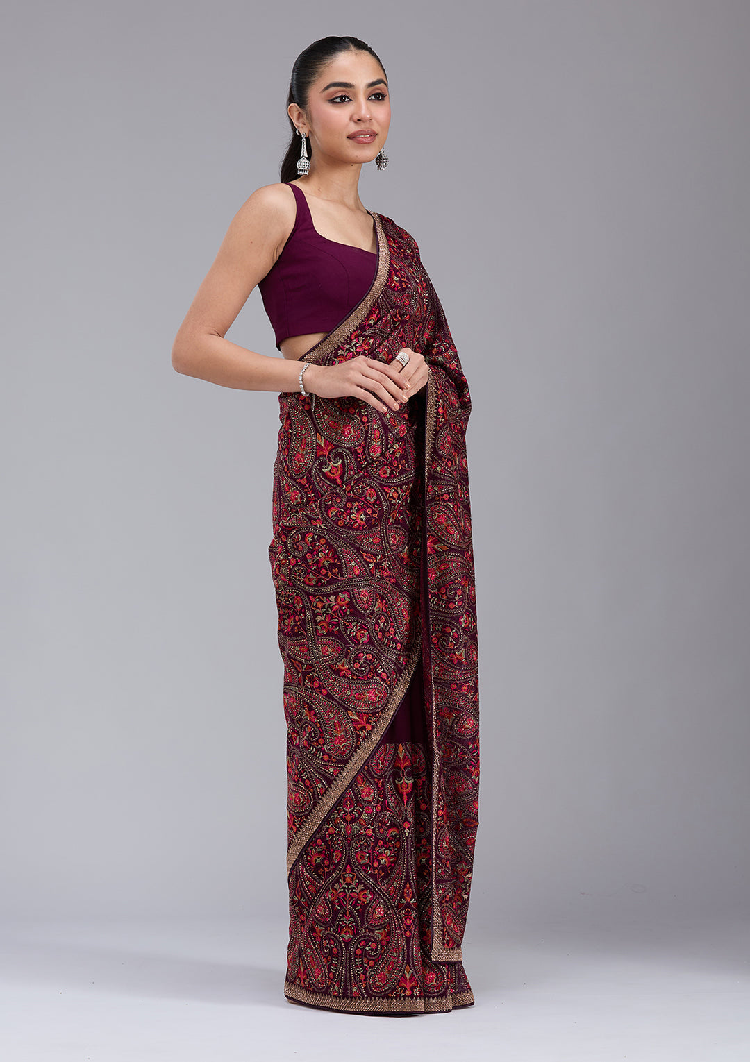 Wine Kashmiri Georgette Saree