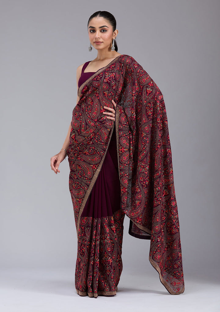 Wine Kashmiri Georgette Saree