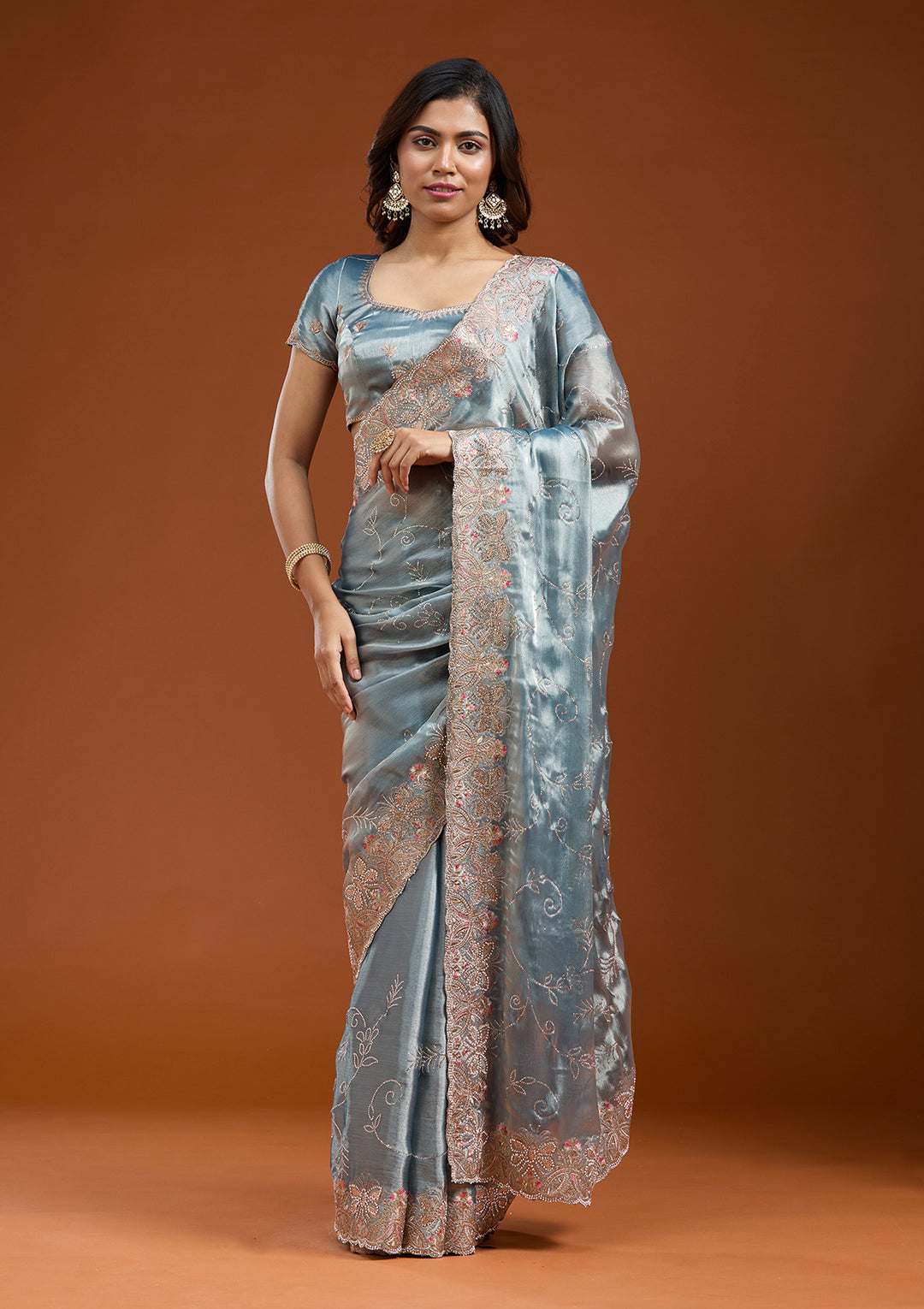 Grey Stonework (Gold) Organza Saree