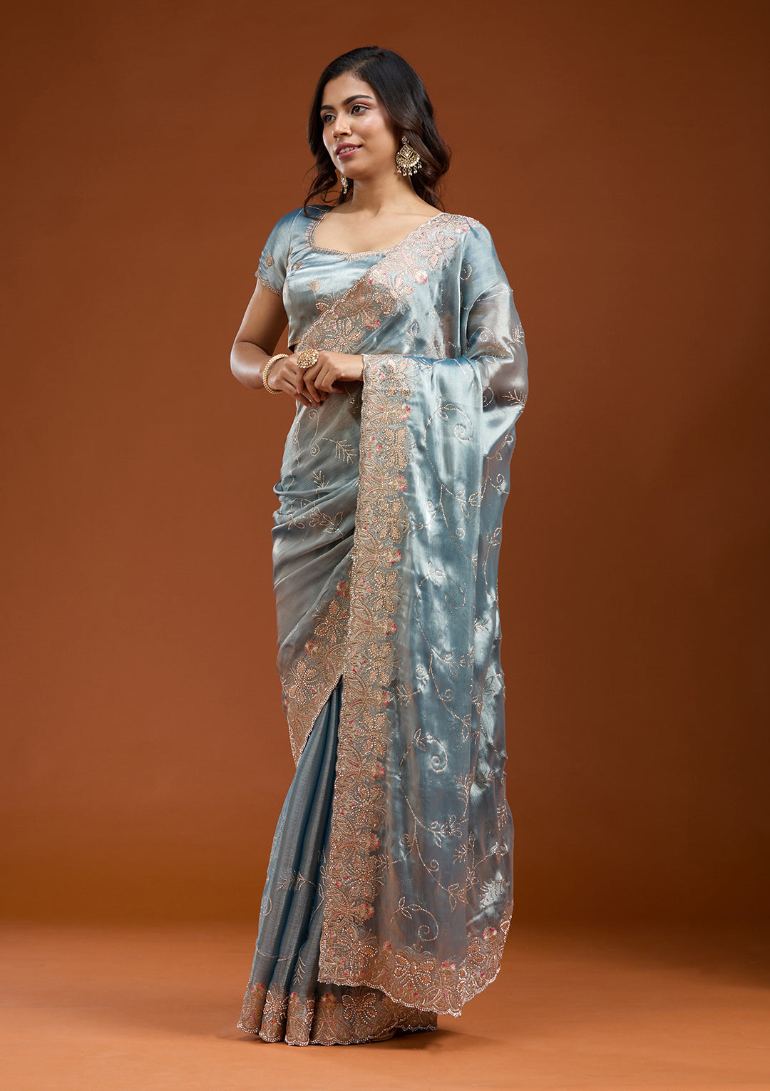 Grey Stonework (Gold) Organza Saree