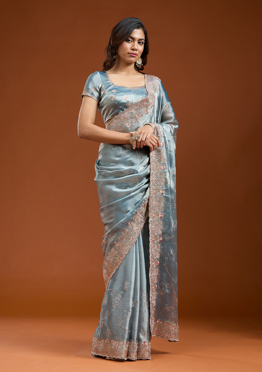 Grey Stonework (Gold) Organza Saree