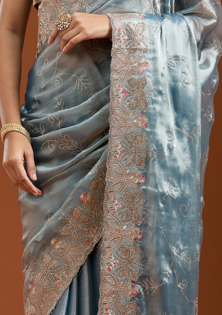 Grey Stonework (Gold) Organza Saree