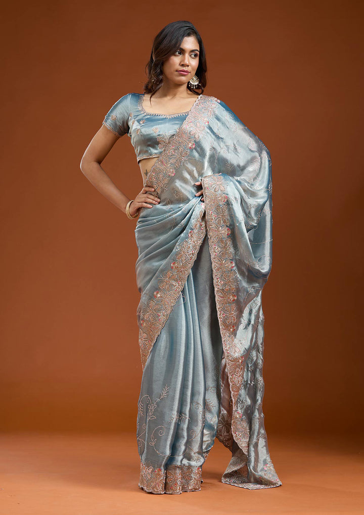 Grey Stonework (Gold) Organza Saree