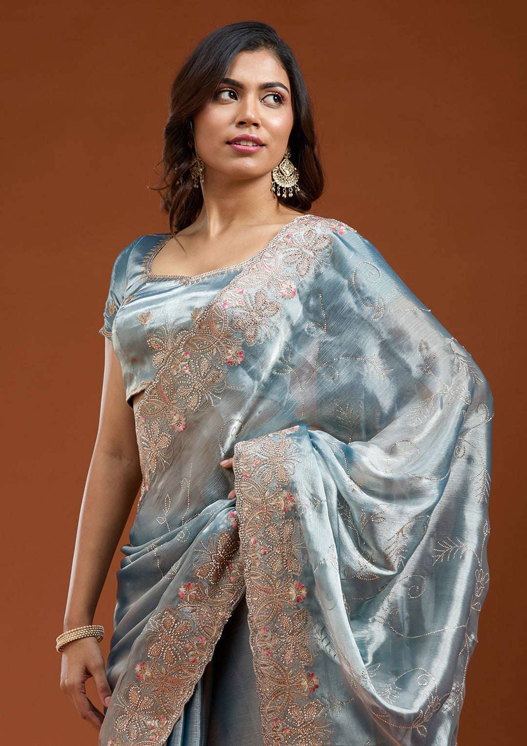 Grey Stonework (Gold) Organza Saree