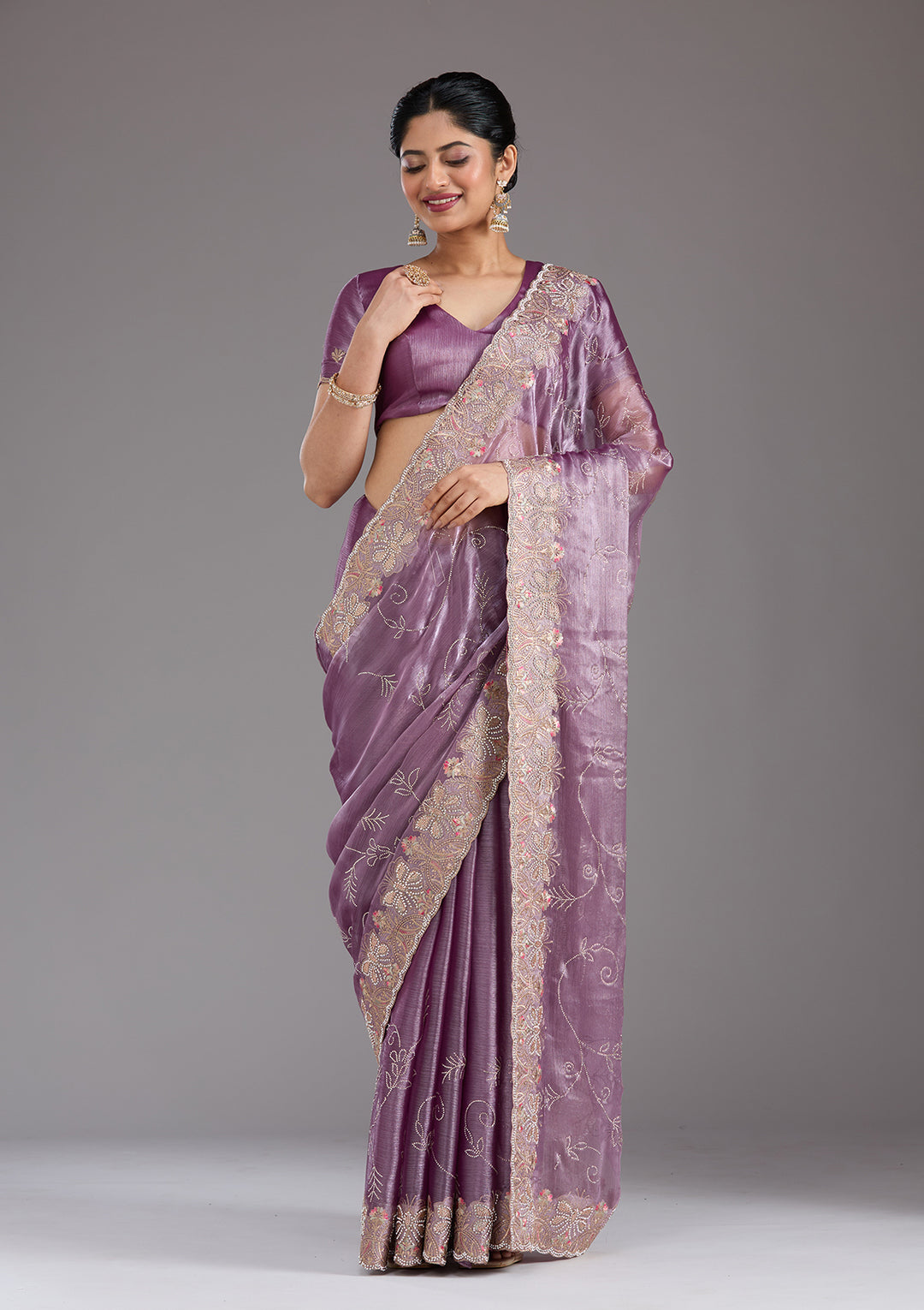 Lavender Stonework (Gold) Organza Saree